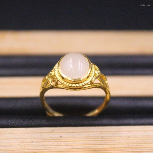 Cluster Rings Real Pure 999 24K Yellow Gold Band Nefrite White Jade Flower Ring 4.73g