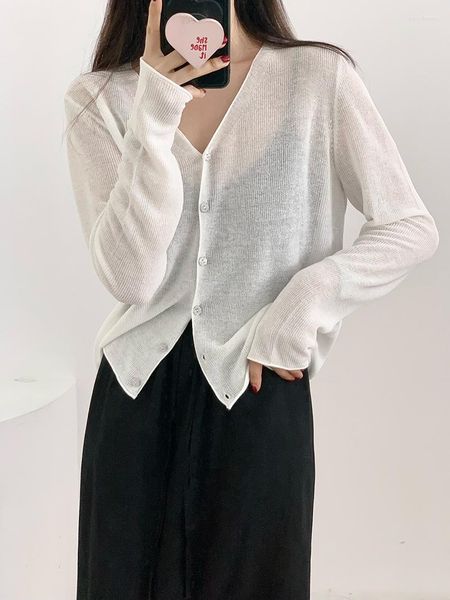 Maglieria da donna estiva in misto lino sottile cardigan lavorati a maglia Top donna 2023 donna di grande qualità scollo a V semi trasparente casual maglione di base lungo