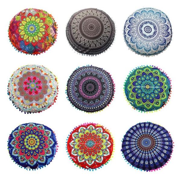 25 # Mandala Flower Floor Copricuscino Ornamento Rotondo Cuscino da meditazione bohémien Piuma colorata Federa per divano242K