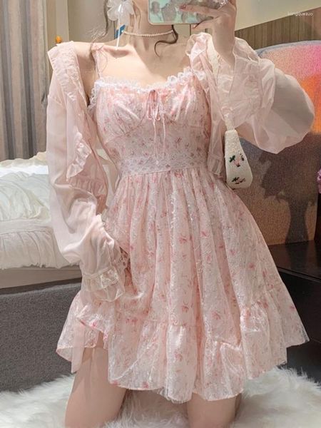 Gonne 2023 Summer 2 Piece Dress Set Women Floral Mini Camicetta casual Abiti di moda coreani Abbigliamento Kawaii Lolita Par