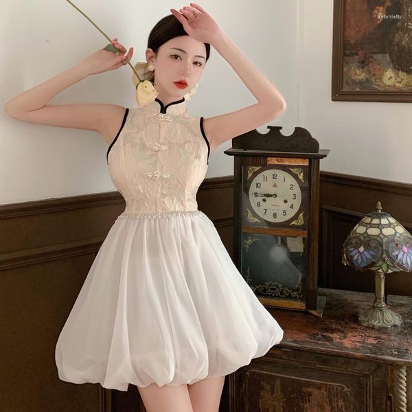 Roupas Étnicas Femininas Elegante Francês Branco Princesa Vestido de Festa Estilo Chinês Retro Cheongsam Coreano Sem Mangas Mini Qipao Vestido Vintage