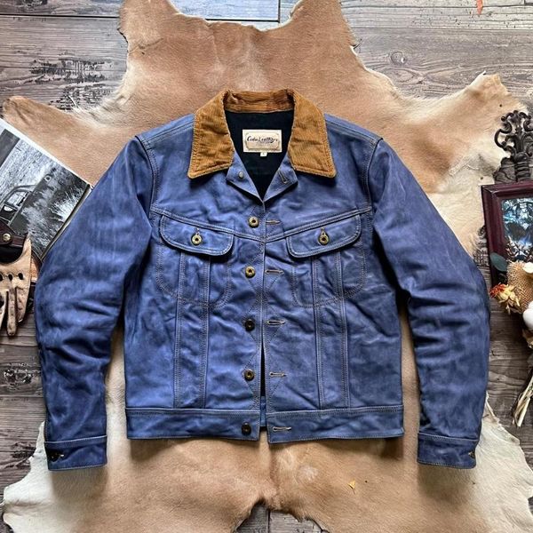 Erkek ceketler terzi Brando J-131 kaplanmamış mavi boyalı cowhide fırtına binici denim ceket kısa deri iş giysisi