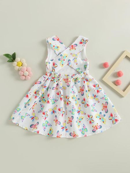 Vestidos de menina fofos estampados florais sem mangas vestidos de meninas com design de laço nas costas para festas de verão e ocasiões especiais 3-7