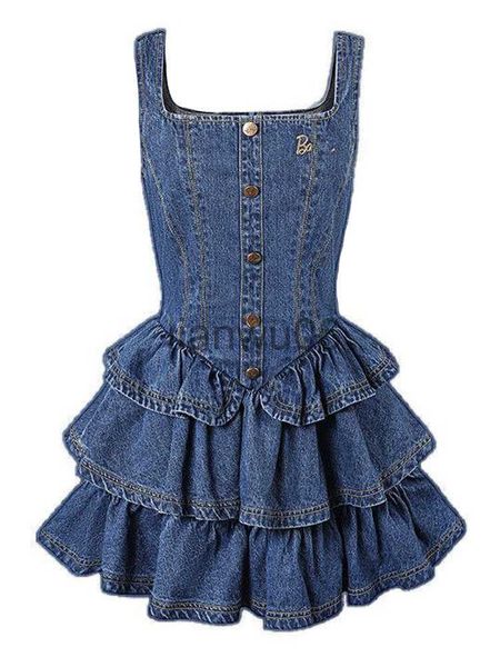 Vestidos Casuais Básicos Estilo Preppy Bolo Kawaii Mini Conjuntos de Vestidos com Babados Patchwork Doce Bonito Magro Y2k E Menina Moda Coreana Feminina Vestidos Denim Vintage J2308009