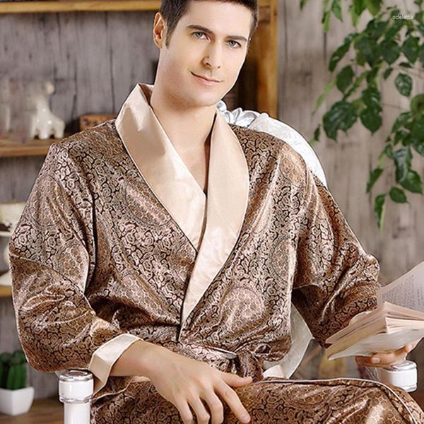 Roupa de dormir masculina Robe de seda camisola de cetim quimono Roupão de banho plus size casual estampado dourado 3XL 4XL 5XL