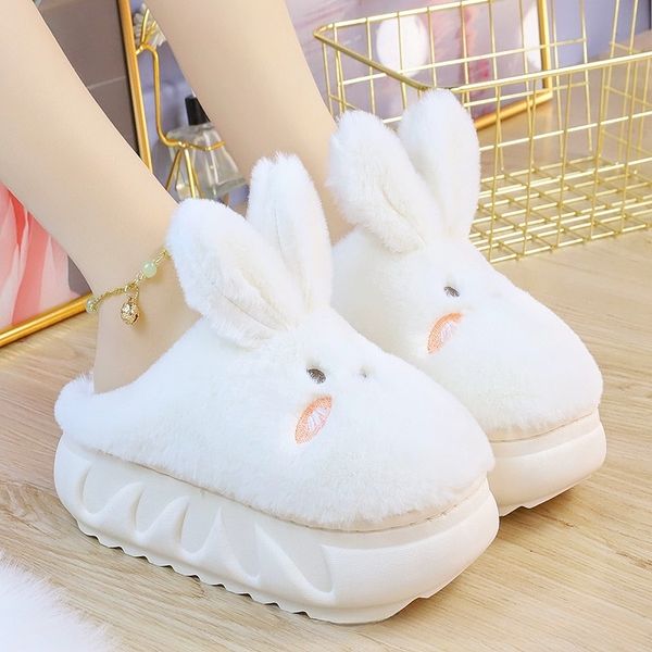 Тапочки белые кроличьи харе жены милые животные платформы дома мулы обувь для девочек спальня плюшевые скольз