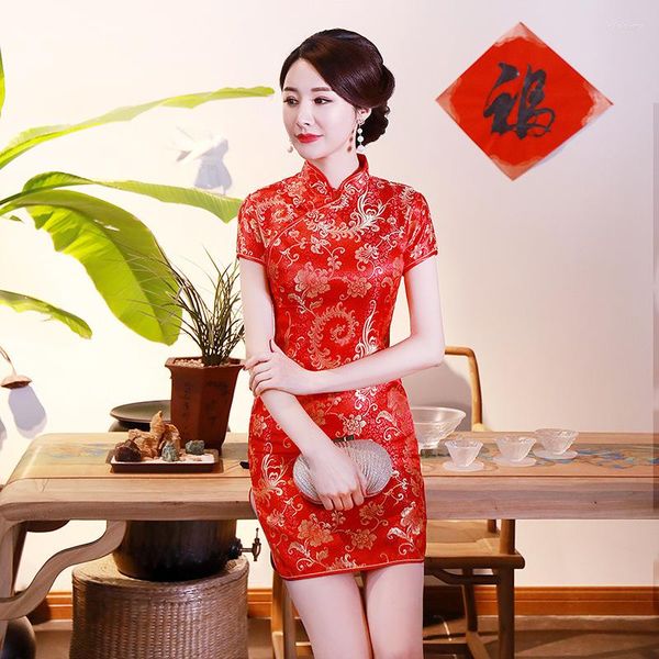Roupa étnica Tradicional Chinesa Minivestido Para Senhoras Gola Mandarim Sexy Qipao Vestidos Flor Cheongsam Plus Size 3XL Festa Noturna