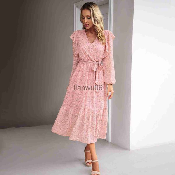 Vestidos casuais básicos feminino chiffon estampa floral vestido manga longa 2023 casual decote em v cintura alta saias de comprimento médio outono elegante vintage a linha vestido j2308009