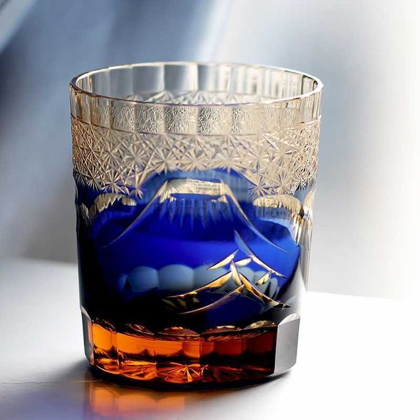 Japanisches Edo Kiriko Fuji Mountain Handgeschliffenes, klares Whiskyglas Blau Grün Schwarz Rot 9oz mit Geschenkbox Kostenloser Versand HKD230809