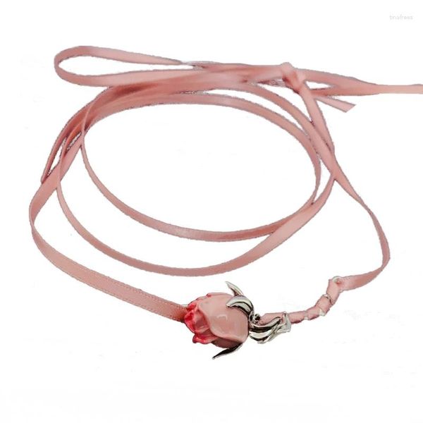 Halsband E0BE Rosa Rose Blume Kragen Halskette Lange Band Krawatte Halskette Hochzeit Schmuck Geschenk Für Frauen Teenager Mädchen