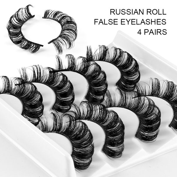 4 pares/conjunto Cílios D Curl Cílios Russos 3D Cílios Falsos Mink Cílios Reutilizáveis Fofos Russos Tira Cílios Extensões de Cílios E431