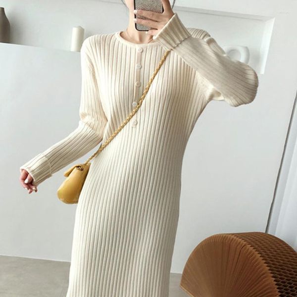 Casual Kleider 2023 Winter Apricot Woolen Kleid Frauen Oansatz einreiher Elegante Lange Pullover Weibliche Gestreiften Chic Strickwaren