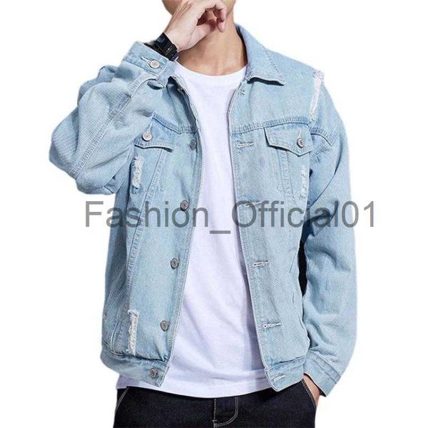 New Fashion Hole Denim Jakets Männer schlanke Baumwolle Jean Oberbekleidung Herren Kausaler Streetwear Mantel Tun Down Kragen Retro Denim Jackets Mann X0810