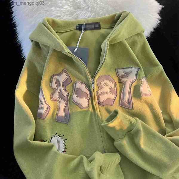 Мужские толстовок с капюшоном Американская ретро -стрит -молния свободный случай повседневного свитера женский весна и осенью тонкая и уникальная куртка с капюшоном Z230810
