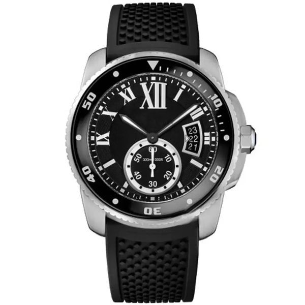 Masculino automático relógio calibre de série W7100055 Dial preto Os marcadores romanos brancos assistem a pulseira de borracha Data de movimento automático de 42 mm de grande tamanho masculino de relógios masculinos