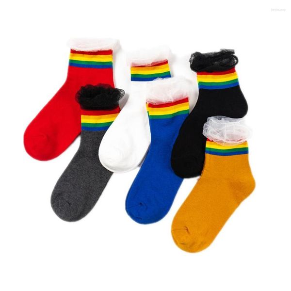 Frauen Socken Mädchen Regenbogen Gestreiften Nähte Spitze Mode Junge Kunst Lustige Hipster Streetwear Sport Weiche Baumwolle Dropship