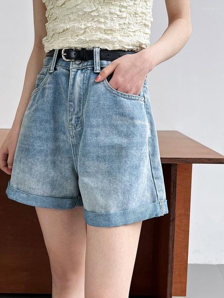 Jeans da donna 2023 Polsini estivi stile coreano Pantaloni larghi in denim con cintura Pantaloncini blu a vita alta per le donne