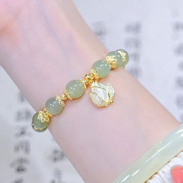 Link Armbänder Natürliche Hetian Jade Tulpe Armband Blume Stein Perlen Für Frauen Weibliche Feine Schmuck Zubehör