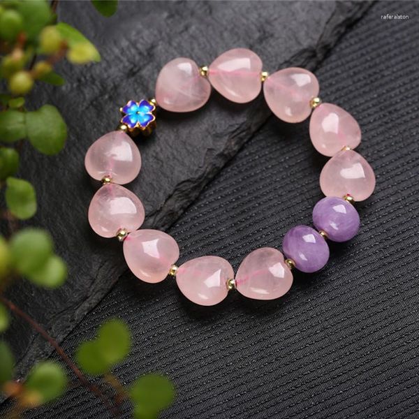 Strang Großhandel Rosa Natürliche Kristall Armbänder Herzförmige Perlen Mit Blume Armband Glück Für Frauen Geschenk Schönheit Schmuck