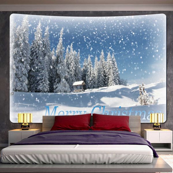 Wandteppiche, weihnachtliche Schneeszene, Heimdekoration, Wandteppich, Szene, Weihnachtsbaum, Bohemian-Wandbild, großes Wandbehang