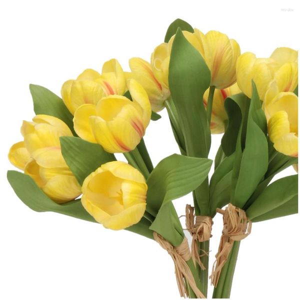 Dekorative Blumen (5 Stück/Bündel), gelber Tulpenstrauß, Calla, PU, fühlt sich echt an, künstliche Blume, 35 cm, für Hochzeit, Zuhause, Party, Tischdekoration –