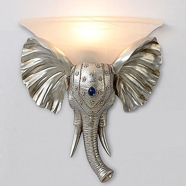 Lampada da parete Elefante retrò Testa di animale Resina Personalità creativa Scala Casa Soggiorno Corridoio Decorazione avorio