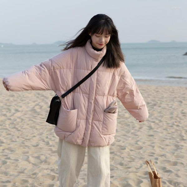 Женские траншевые пальто женщины розовый короткий вниз куртка с твердым стойкой воротниц Y2K Американская утиная утка с густым пером