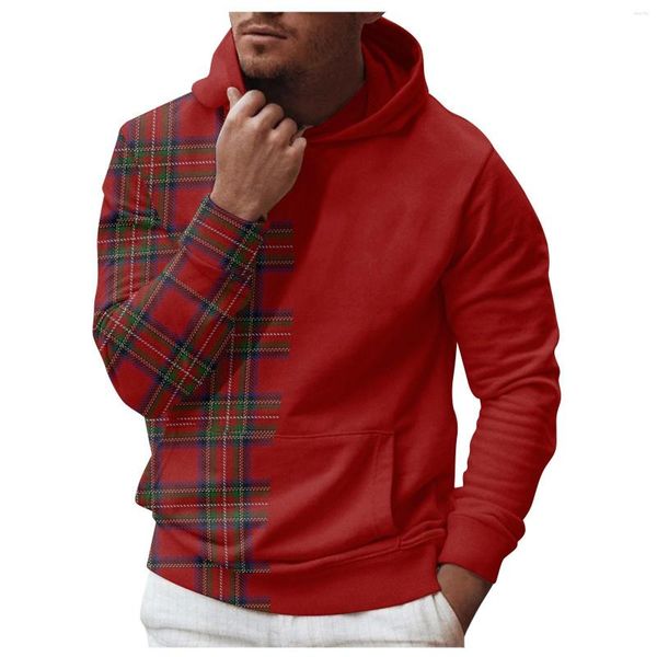 Erkek Hoodies Erkek Kırmızı Ekose Gevşek Sweatshirtler Uzun Kollu Kapüşonlu Kazak Kıyafetler Cep Biber