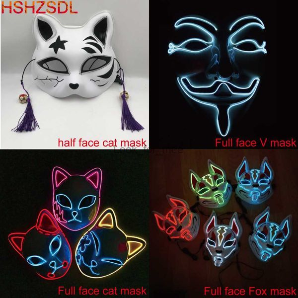 Cadılar Bayramı Maskesi Sevimli Cat Fox Vendetta El Tel Maske Yanıp Sönen Cosplay Led Neon Kostüm Maskesi Parlak Dans Karnavalı Parti Maskeleri HKD230810