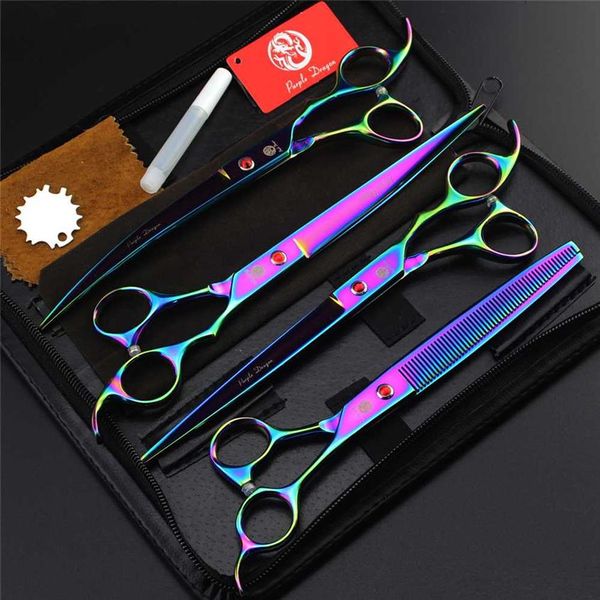 4 PCS SET 8 0 polegadas Tesoura profissional para cuidados com animais de estimação Corte reto Tesoura curva para desbaste para cães Dragão roxo 222G