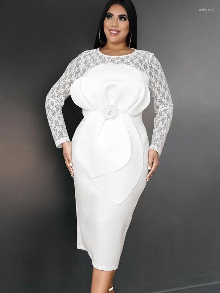 Vestidos Plus Size ONTINVA Branco Para Mulheres Lace Patchwork Manga Comprida Flor Apliques Lápis Celebrate Party 4XL Bodycon Outfits