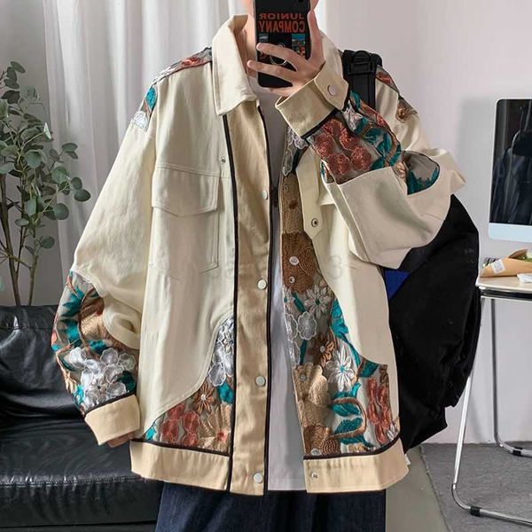 Вышитая куртка мужчина мода повседневная карманная цветочная куртка мужская японская уличная одея