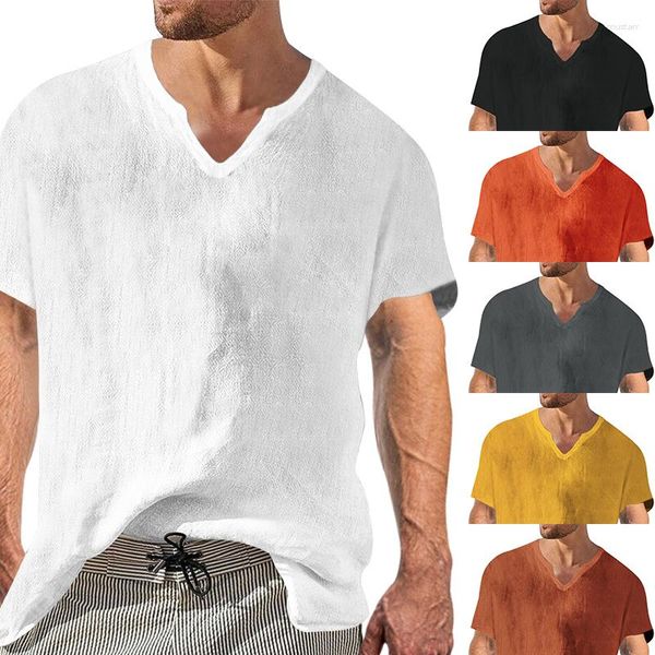 Erkek Tişörtleri Erkek Yaz Üstleri Sıradan Beyaz V Boyun T-shirt Erkekler Bluz Pamuk Keten Bollü Adam Giyim Kemez Hombre Homme Camisetas
