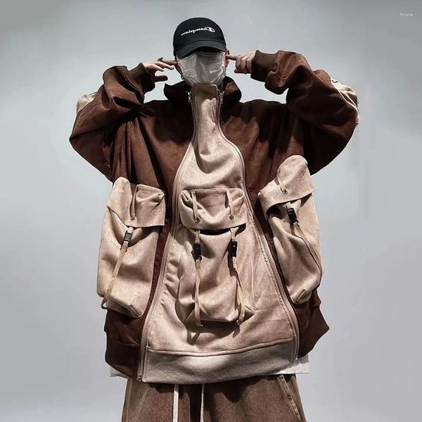Erkek Hoodies Arens Moda Sokak Giyim Büyük Boyu Çift Zipper Çok Pocket Giyim Kargo Kapşonlu Sweatshirts Hip Hop Gevşek Küleyler