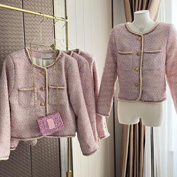 Chaquetas de mujer moda Francia dulce Rosa tejido Tweed abrigo pequeño fragante Otoño Invierno dorado chaqueta corta de lana de un solo pecho Top para