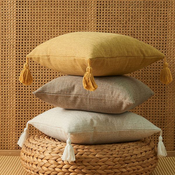 Federa per cuscino Fodera in cotone e lino tinta unita con nappe Giallo Beige Cuscino per decorazioni per la casa Cuscino per divano 45x45 cm 230809