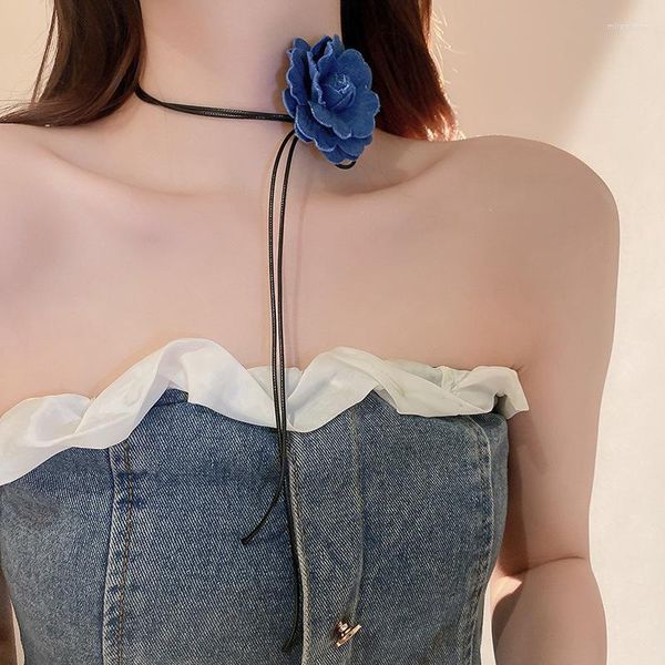 Corrente de corda com cadarço gargantilha com tecido jeans azul colar de flores para mulheres na moda 2023 joias da moda vintage acessórios para o pescoço