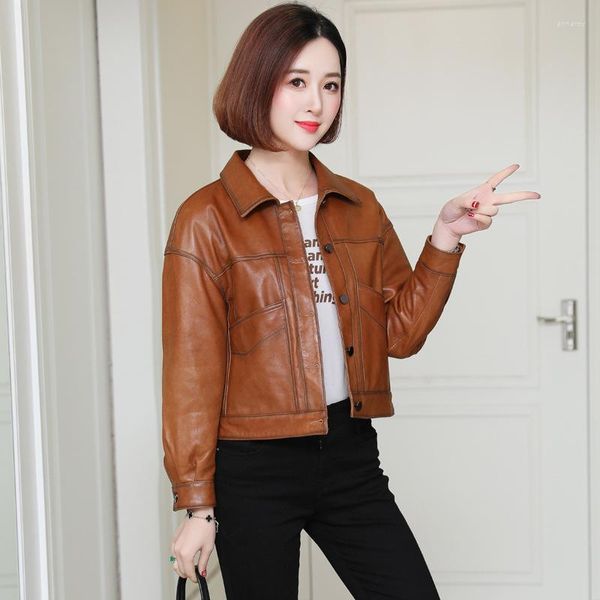 Женская кожаная кожаная настоящая жареная куртка для корейской версии BF Harajuku Style 2023 Spring и осенью Short J