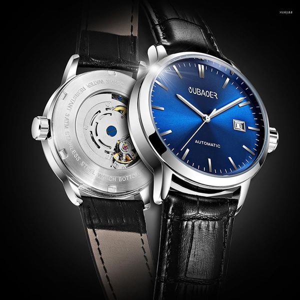 Нарученные часы Blue Dial Men Watch Automatic Mechanical Bussiness Leather Strap Auto Date Водонепроницаемые классические минималистские часы