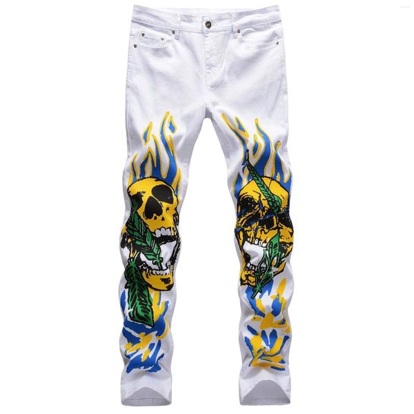 Jeans Jas Fashion Masculino Stretch Slim Fit 3D Color Print Preto Branco Calça Flame Skull Graffiti Street Men Calça Denim