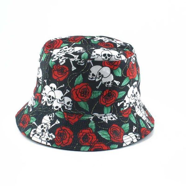 Geniş Memlu Şapkalar Kova Şapkaları Panama Balıkçı Şapka Harajuku Kafatası ve Gül Çiçek Baskı Kova Şapkası Kadınlar İçin Tersinir Balıkçılık Kapağı HKD230810