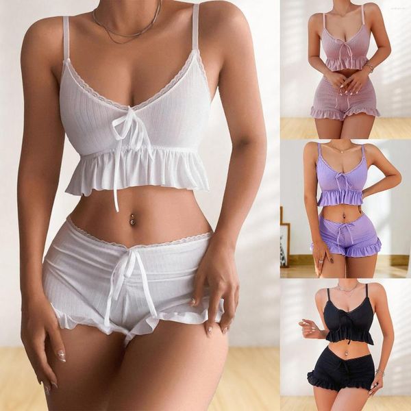 Tute da donna Donna Crop Top Pantaloncini Fashion Ruffles Spaghetti Strap Pigiama Set Set da 2 pezzi Backless Lace Bow Off Shoulder Beach