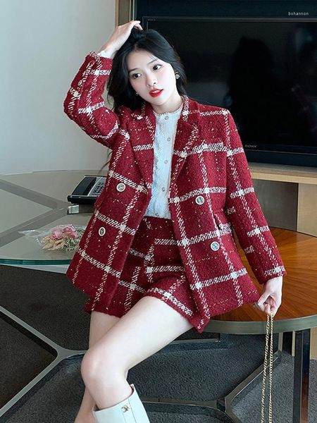 Agasalhos femininos de alta qualidade elegante xadrez tweed blazer shorts ternos outono inverno roupas para mulheres duas peças negócios chique escritório