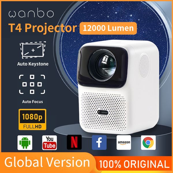 Projektörler Wanbo T4 Projektör Android 9.0 Full HD 4K Projektör 1920*1080p 12000 Lümenler Otomatik Odaklama Keystone Düzeltme Evi Açık Movie 230809