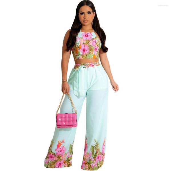 Completo da donna a due pezzi Pantaloni 2 Set Donna 2023 Canotta senza maniche senza schienale sexy Crop Top e stampa floreale lunga abbinata per le donne