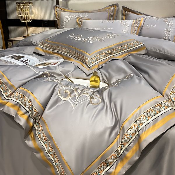 Ouro prata café bordado luxo conjunto de cama rainha rei tamanho mancha roupa cama 4 pçs algodão seda conjuntos capa edredão bed207v