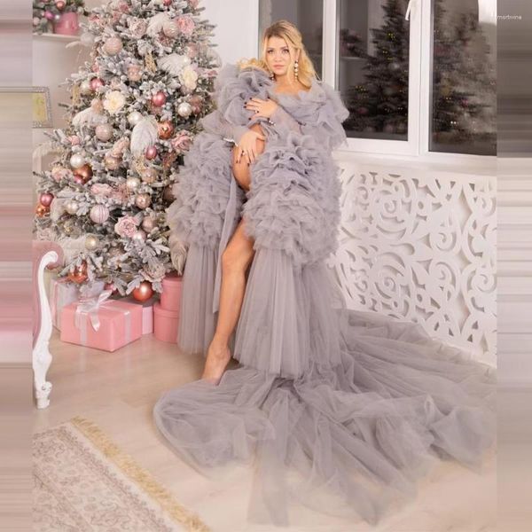 Roupa de dormir feminina vestido de maternidade cinza com babados prata bufante tule roupão longo para chá de bebê Poshoot chá de bebê nupcial boudoir pijama vestido de capa em camadas