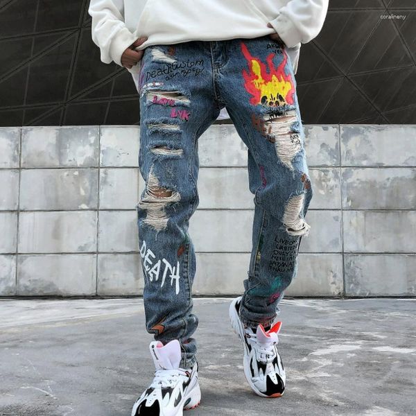 Heren Jeans Mannen Punk Streetwear Graffiti Gedrukt Ripped Bedelaar Skinny Hipster Hip Hop Kniegaten Joggers Denim Broek