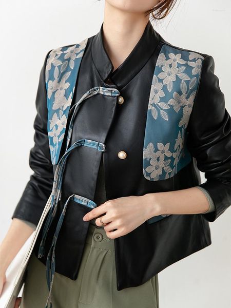 Kadınlar deri jakard dikiş orijinal ceket kadınlar bahar sonbahar 2023 trend püskül inci düğmeleri tasarımı kısa doğal koyun derisi ceket