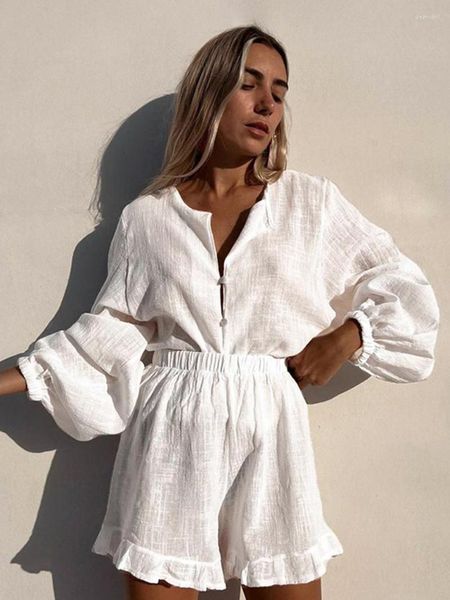 Женская одежда для сна Мартакика белая хлопковая пижама набор с длинным рукавом O-выстрелом ночной одежды с кружевными шортами Женщины Лето 2023